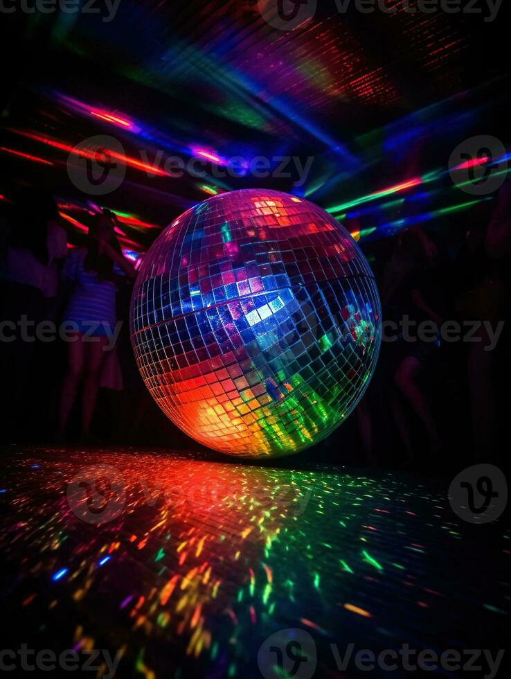 Disko Magie. Spiegel Ball und Laser- Licht Nachtclub Schauspiel Farben das Nacht mit Regenbögen. generativ ai foto