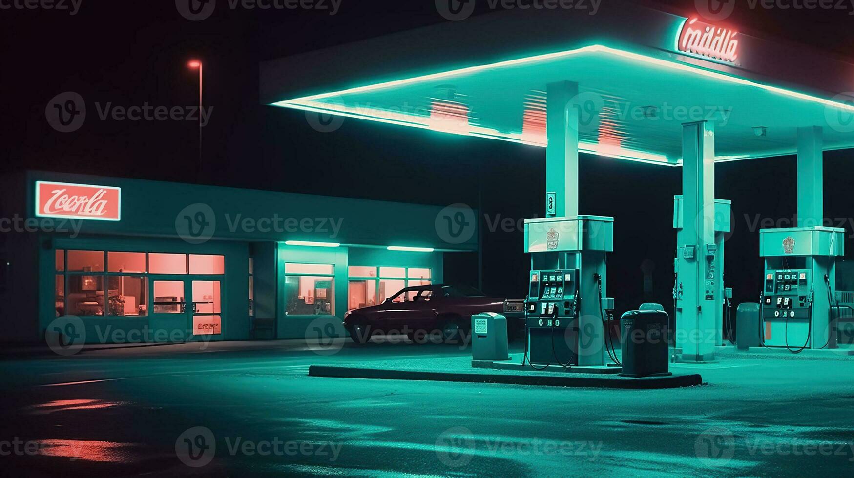 das surreal und gruselig Welt von ein neonverziert 70er Jahre Gas Bahnhof. generativ ai foto