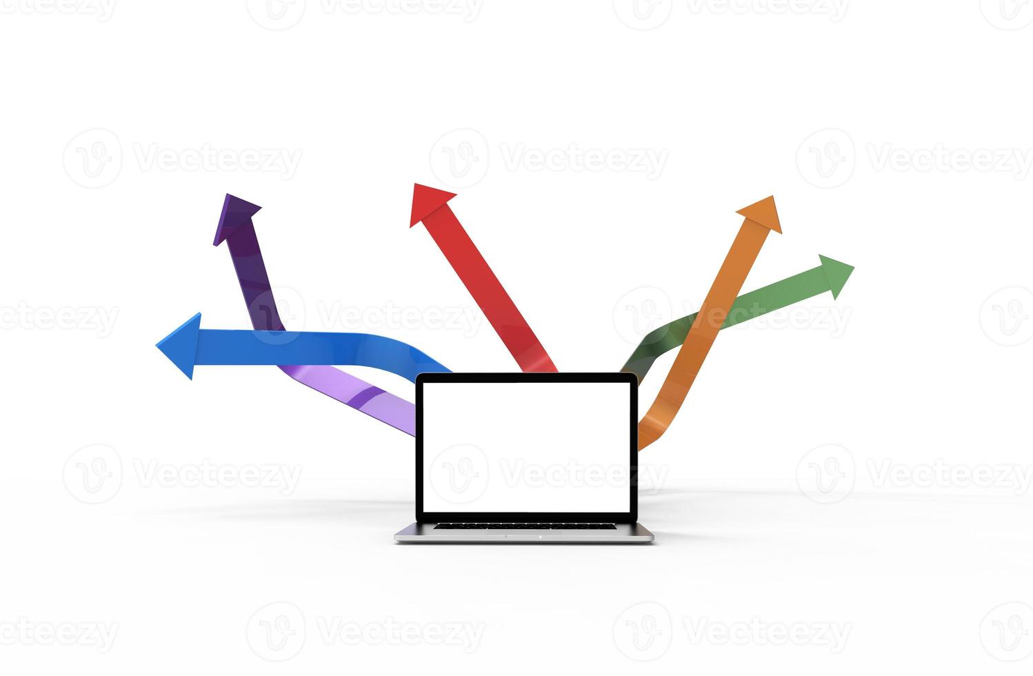 moderner Laptop isoliert auf weißem Hintergrund mit Pfeildiagramm. 3D-Darstellung. foto