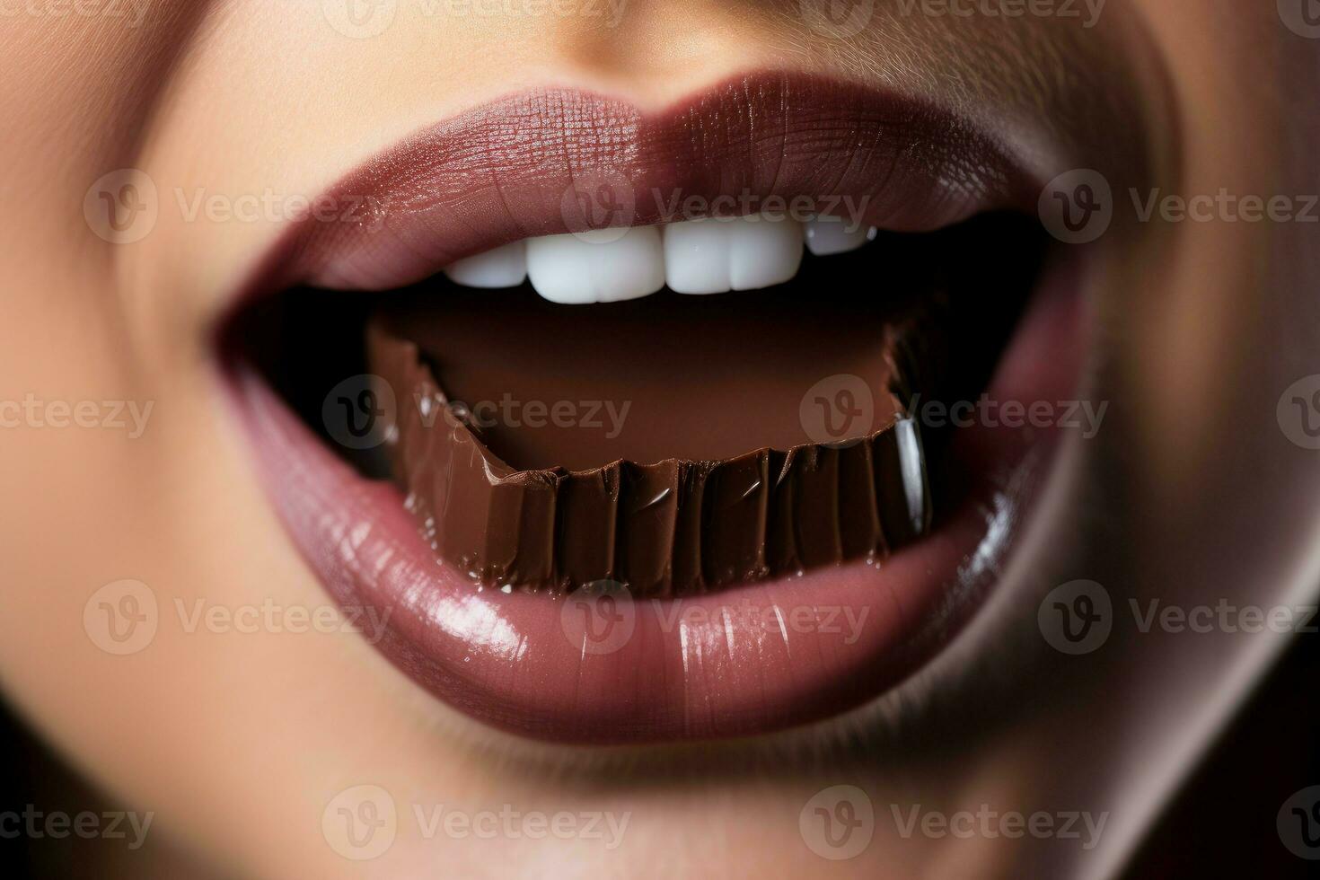 weiblich Mund Essen Schokolade lecker Lippen. generieren ai foto