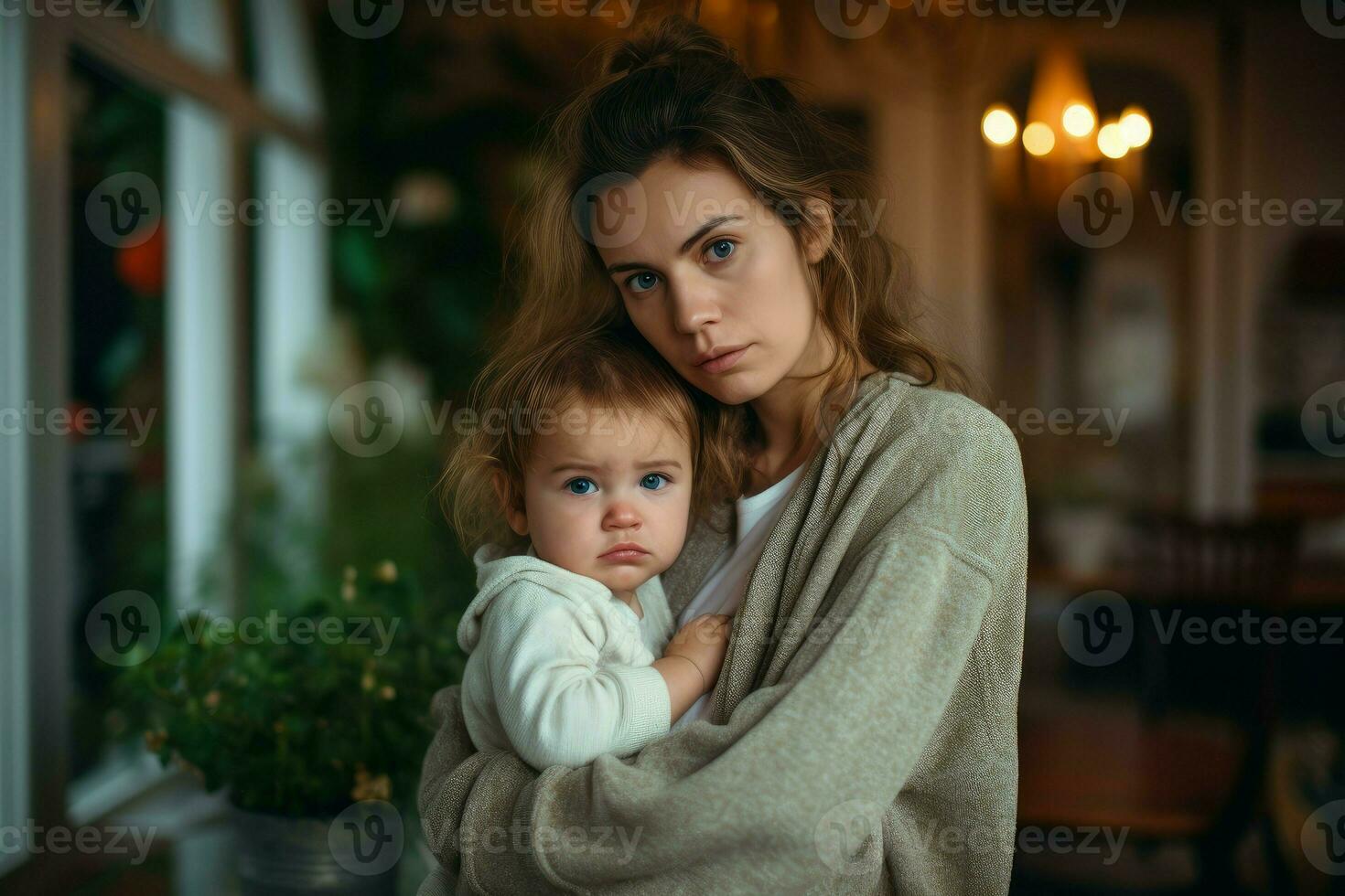 deprimiert Frau mit süß Baby Porträt. generieren ai foto