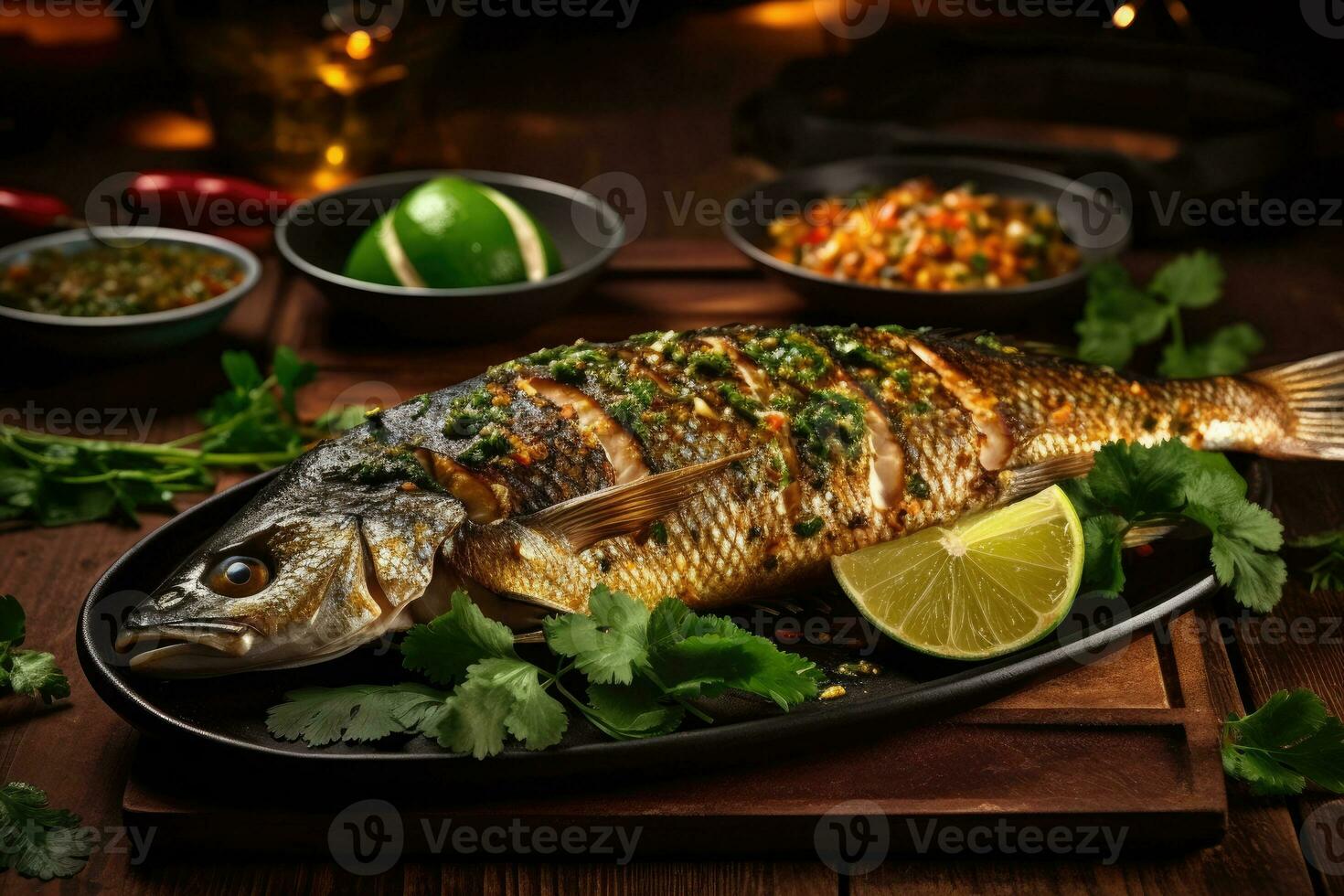 ganze Fisch mit ein gegrillt Haut arabisch Essen generativ ai foto