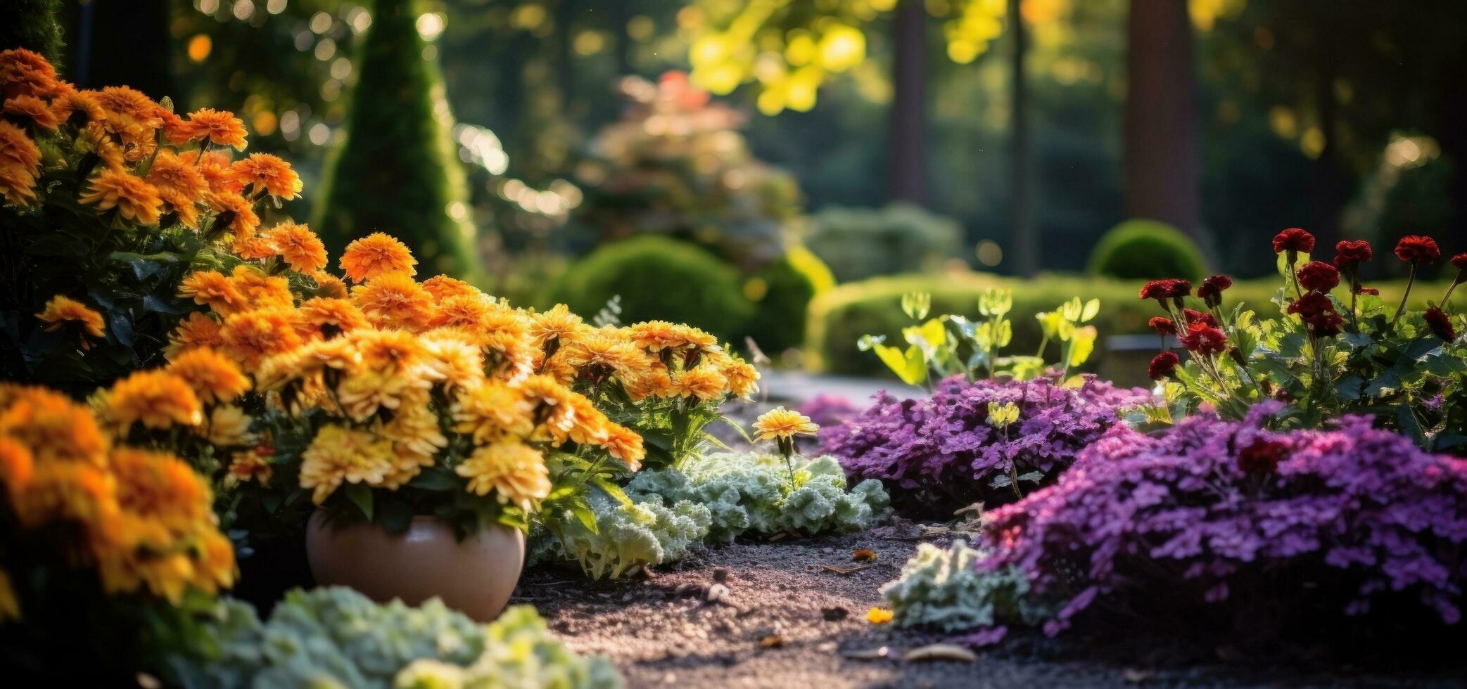 ein schön Garten und das bunt Blumen, im das Stil von dunkel Gelb und Licht Smaragd foto