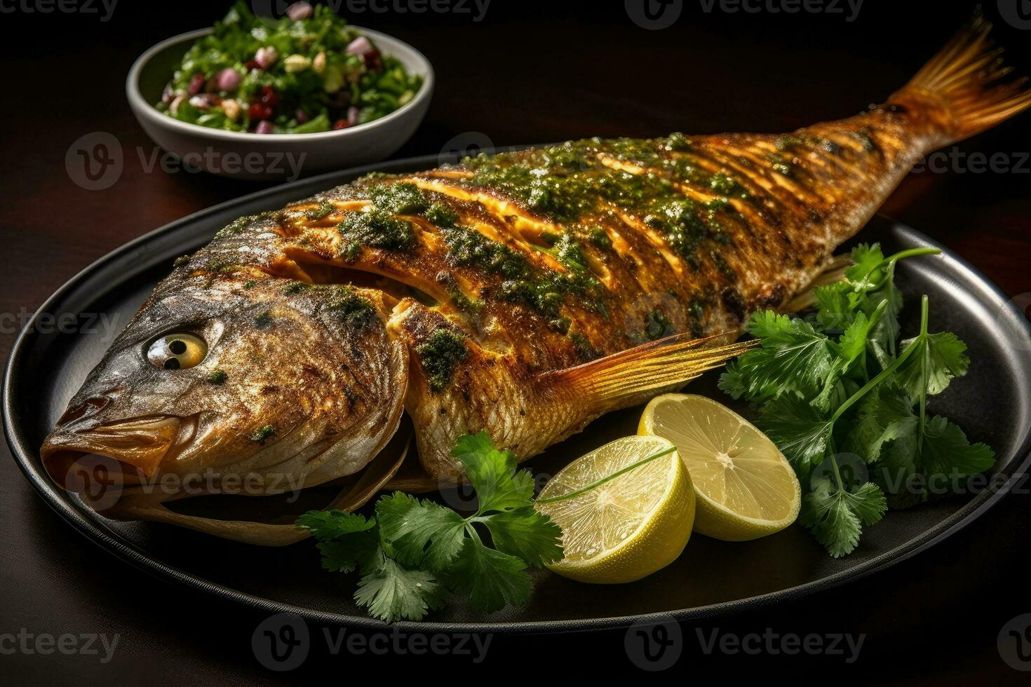 ganze Fisch mit ein gegrillt Haut arabisch Essen generativ ai foto