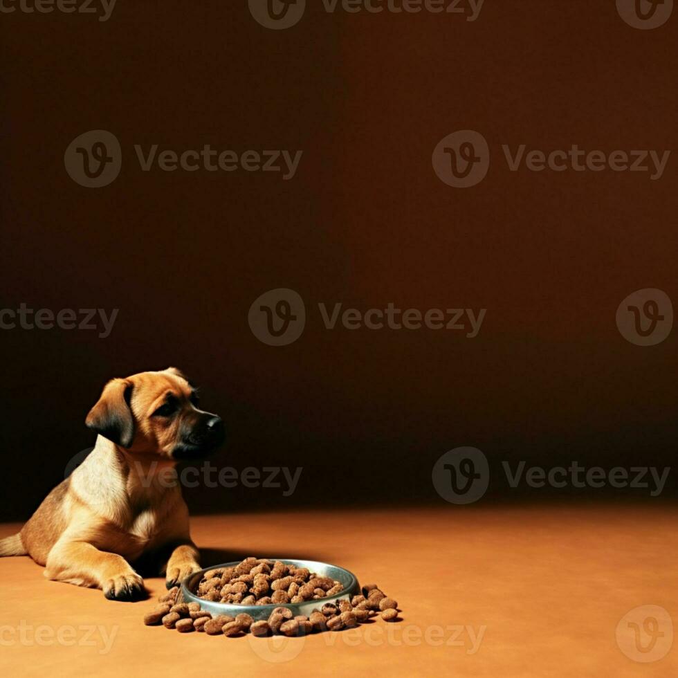 wenig süß Hund Hündchen Sitzung durch ein groß Schüssel von trocken Essen auf braun Hintergrund Kopieren Raum generativ ai Haustiere Pflege foto