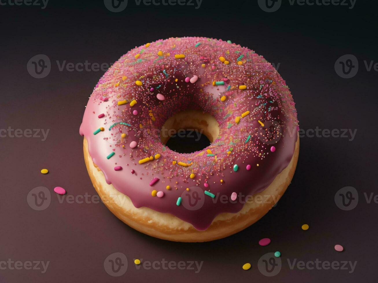 Nahansicht von bunt streuen Krapfen auf dunkel braun Hintergrund, 3d Rendern foto