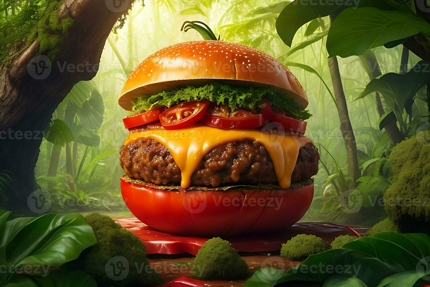 Hamburger Tomate Zwiebel mit Käse tropft im das natürlich Urwald Hintergrund foto