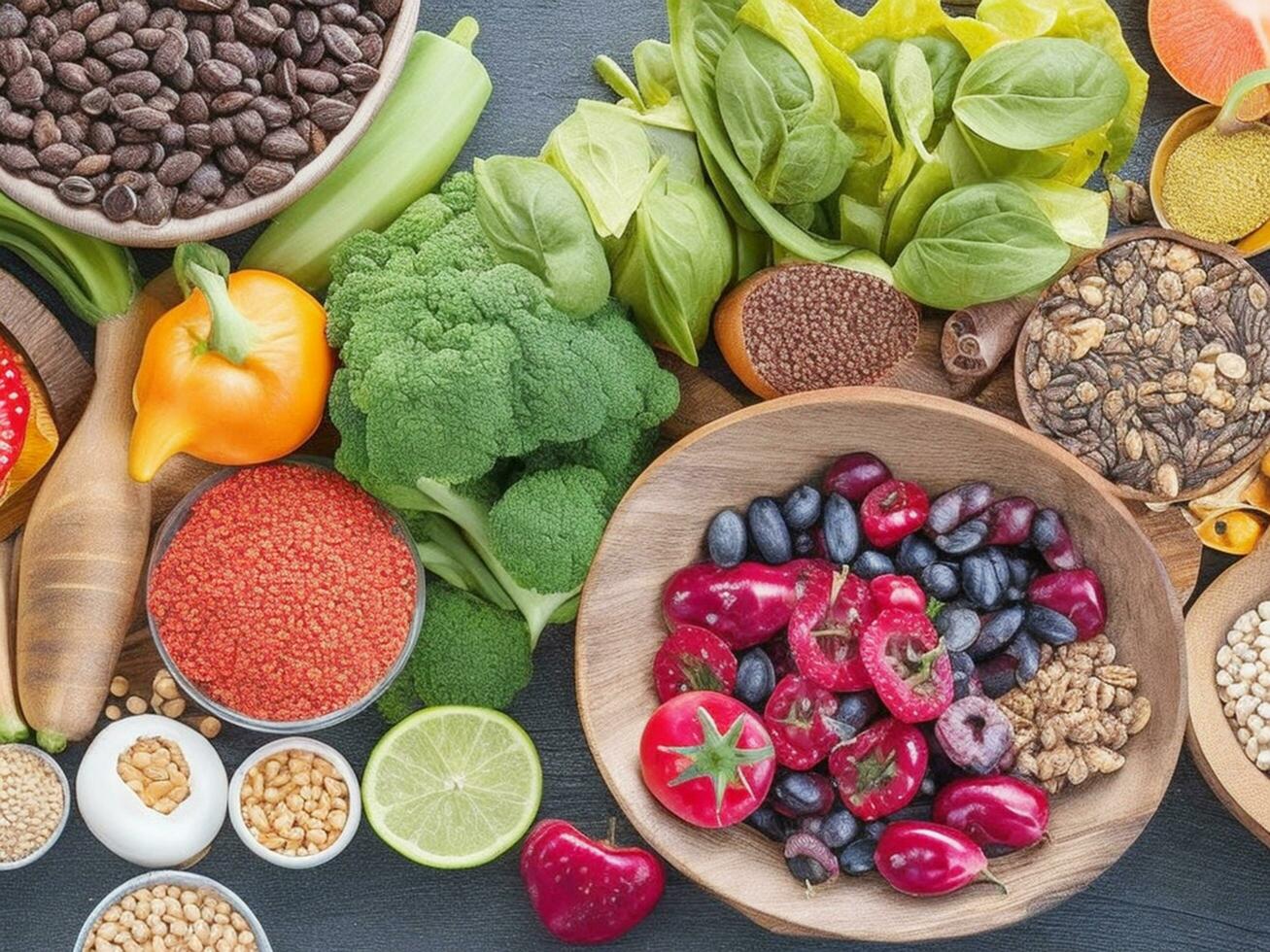 gesund Essen, sauber Essen Frucht, Gemüse, Samen, Superfood, Getreide, belaubt Gemüse auf schwarz Holz Hintergrund mit Kopieren Raum, oben Ansichten. Essen Liebhaber. generativ ai. kostenlos Lager Foto