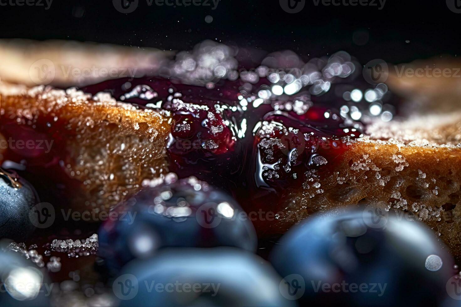 Blaubeere Toast, Makro Schuss von ein frisch Frühstück mit tropft Honig, ai generiert foto