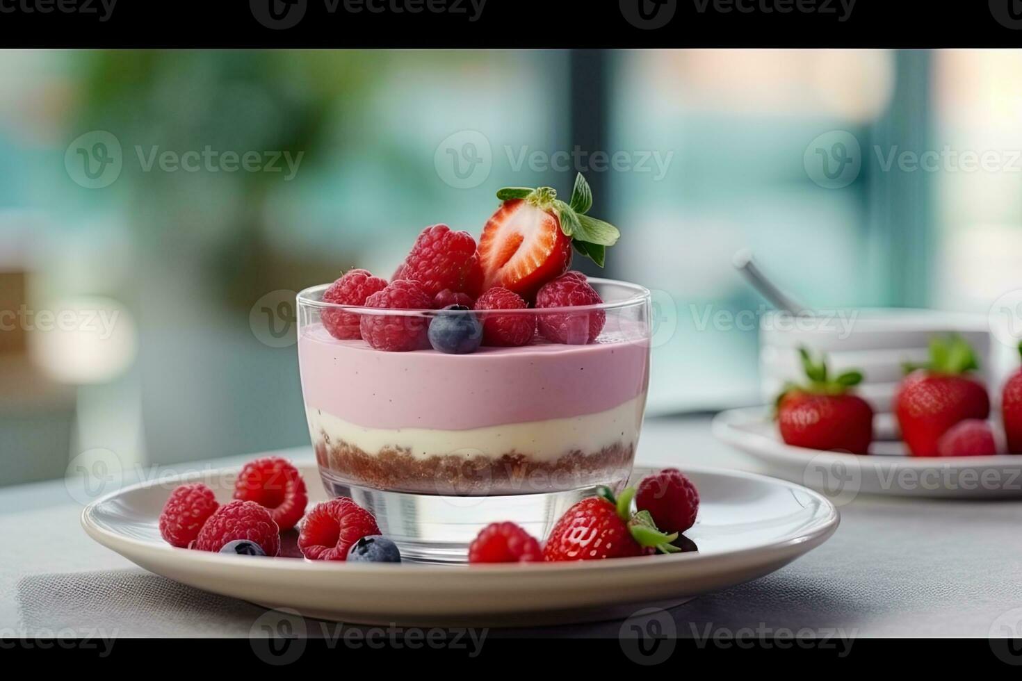 Scheibe von Himbeere Käsekuchen auf ein Platte, ai generiert foto