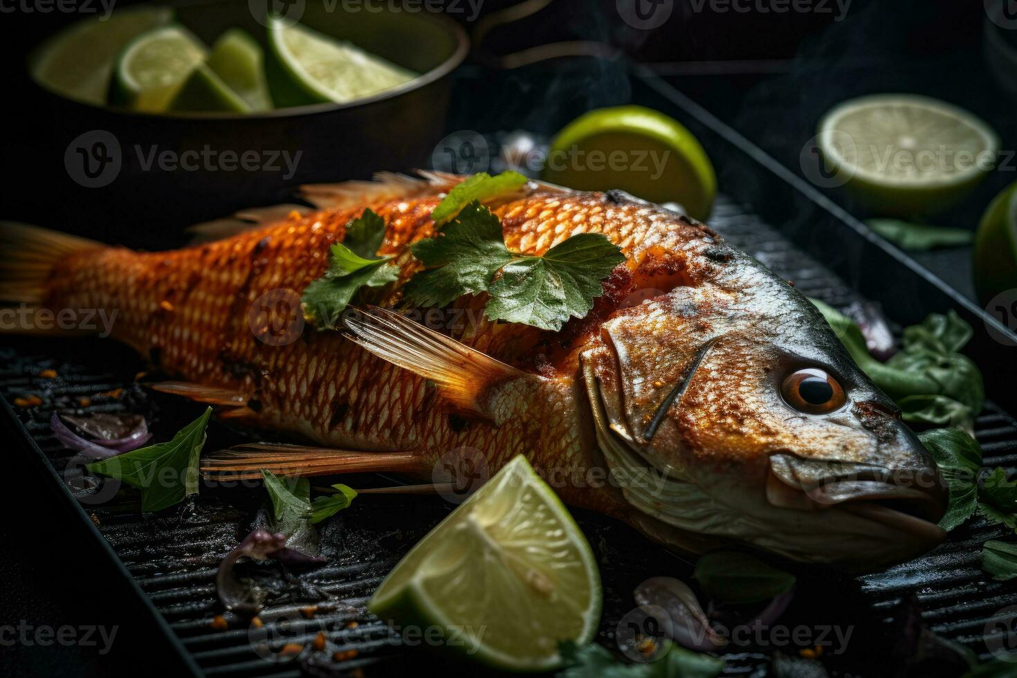 ganze Fisch mit ein gegrillt Haut arabisch Essen generativ ai foto