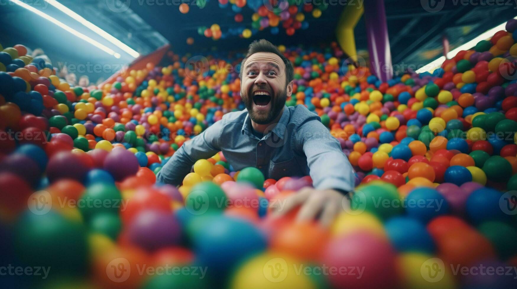 Freude entfesselt - - Mann jongliert Arbeit Anrufe im kindlich Ball Grube abspielen ai generativ foto