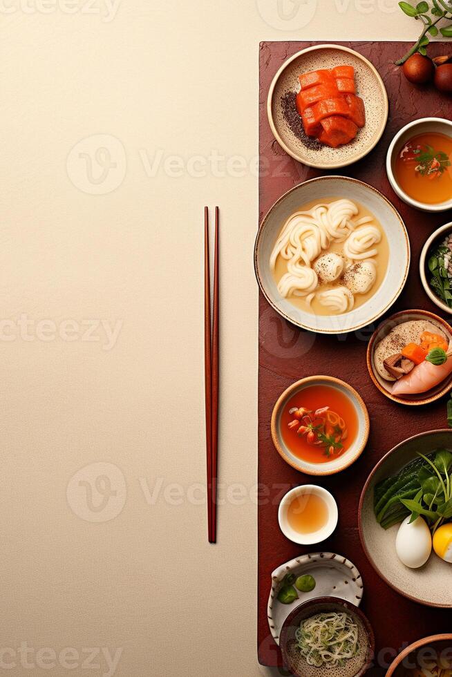 oben Aussicht von ein einfach asiatisch Mahlzeit Ramen Knödel und Sushi illustrieren vielfältig Aromen ai generativ foto