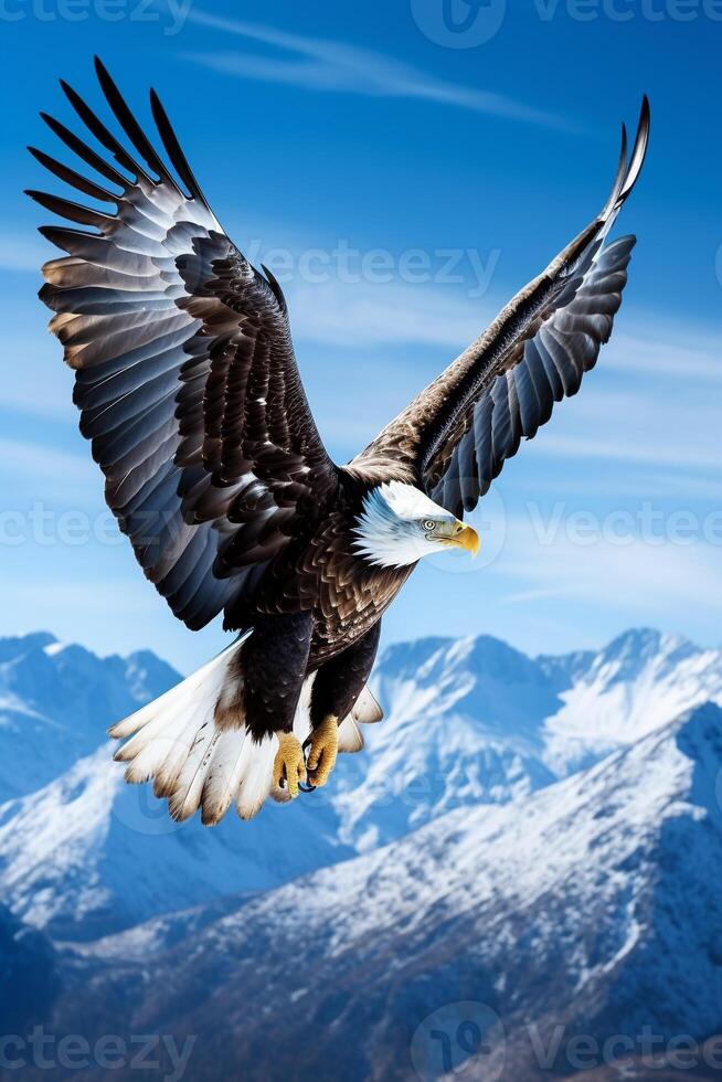 majestätisch Adler hochfliegend über ein makellos, schneebedeckt Berg Angebot unter ein Blau Himmel ai generativ foto