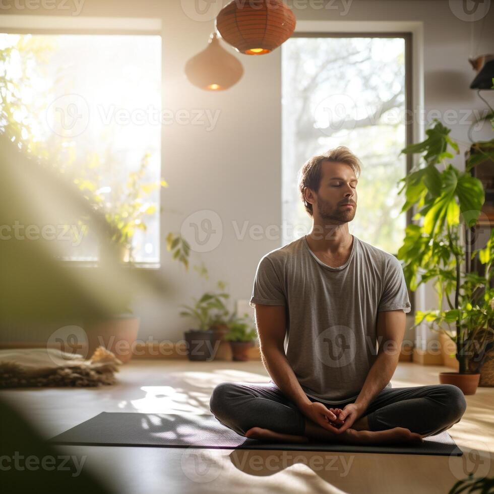 ein jung Mann üben Yoga im ein hell Leben Zimmer gefüllt mit heiter Energie ai generativ foto