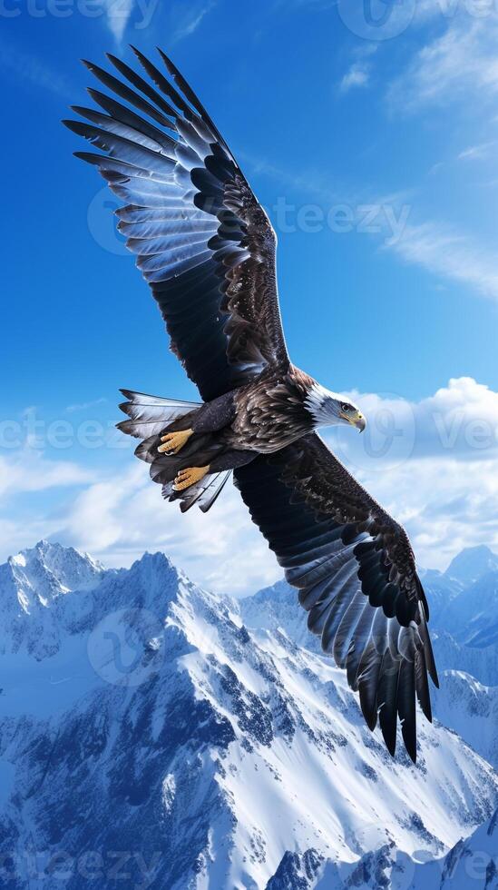 majestätisch Adler hochfliegend über ein makellos, schneebedeckt Berg Angebot unter ein Blau Himmel ai generativ foto