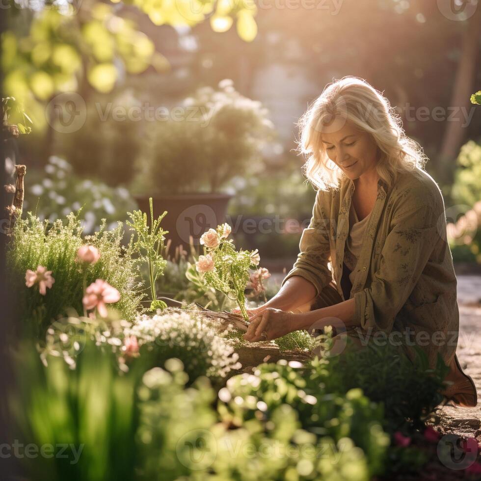 still Frühling Szene von ein mittleren Alters Frau Pflege ihr blühend Garten ai generativ foto