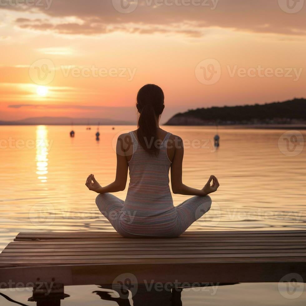 still Sonnenuntergang Yoga - - ein Wellness und Achtsamkeit Reise ai generativ foto