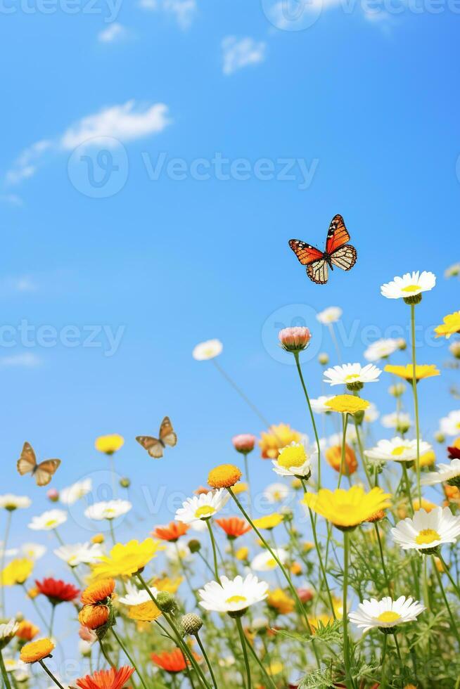 Gruppe von Schmetterlinge flattern Über ein Wiese von Wildblumen unter ein wolkenlos Blau Himmel ai generativ foto