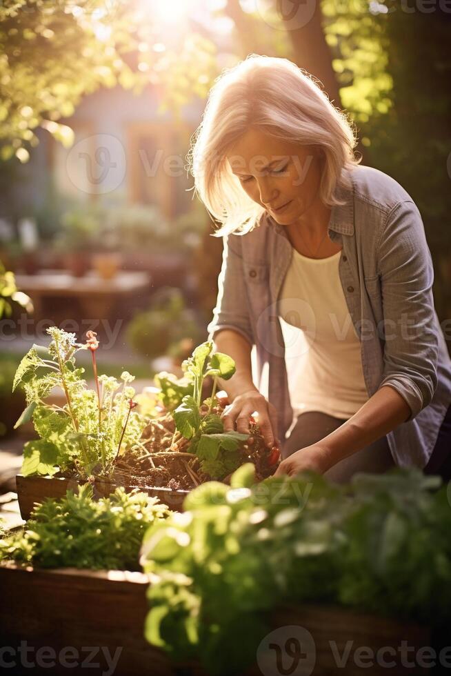 still Frühling Szene von ein mittleren Alters Frau Pflege ihr blühend Garten ai generativ foto