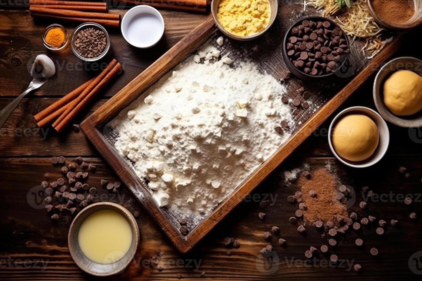 von oben nach unten Aussicht von roh Plätzchen Teig und Backen Zutaten Erfassen das Freude von Backen ai generativ foto