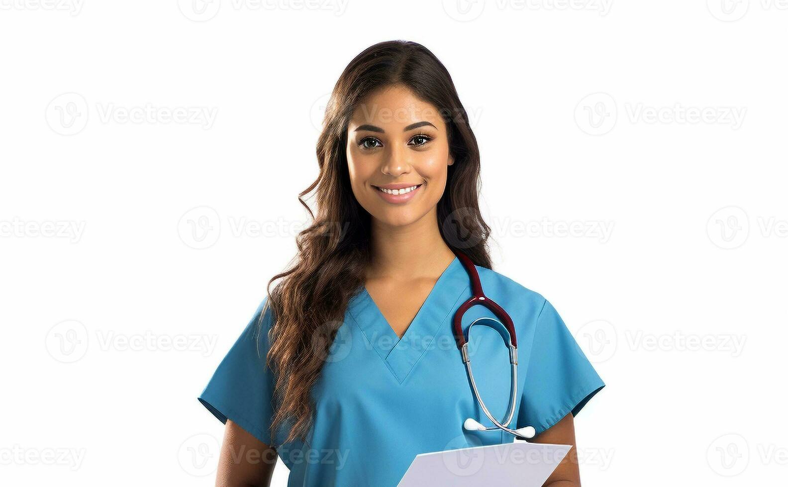Krankenschwester tragen Blau Peelings auf Weiß Hintergrund generativ ai foto