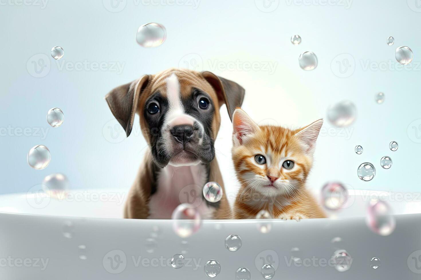 süß Baby Kätzchen und Boxer Hündchen nehmen ein Blase Bad, generativ ai foto