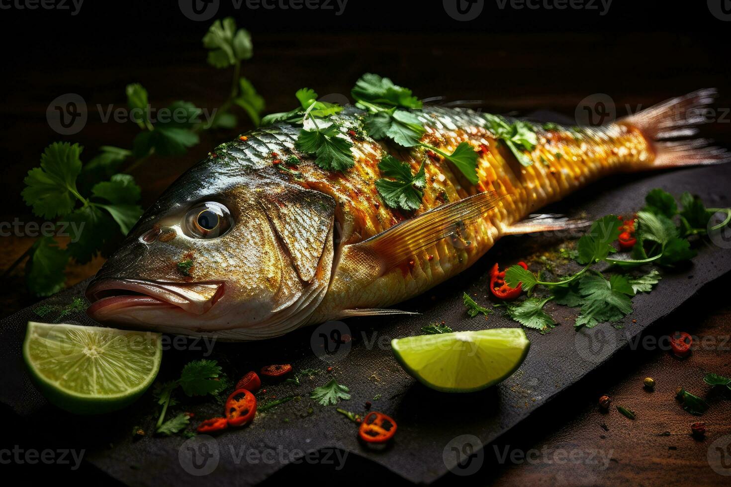 ganze Fisch mit ein gegrillt Haut arabisch Essen generativ ai foto