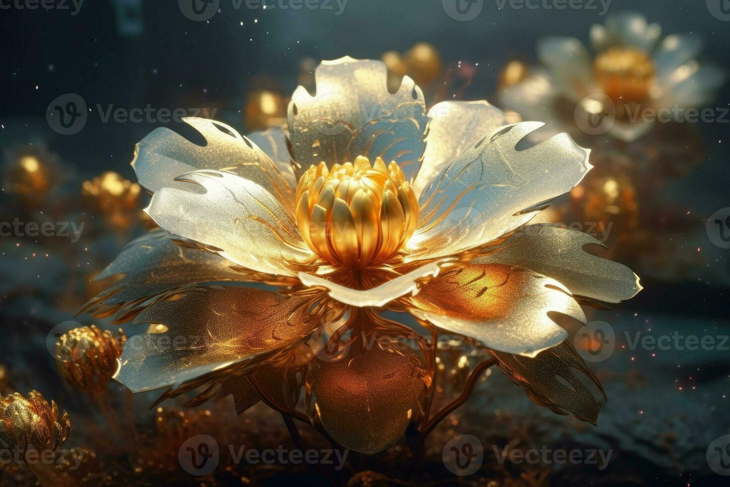 golden Blumen im voll blühen mit Partikelai Technologie ai generiert foto