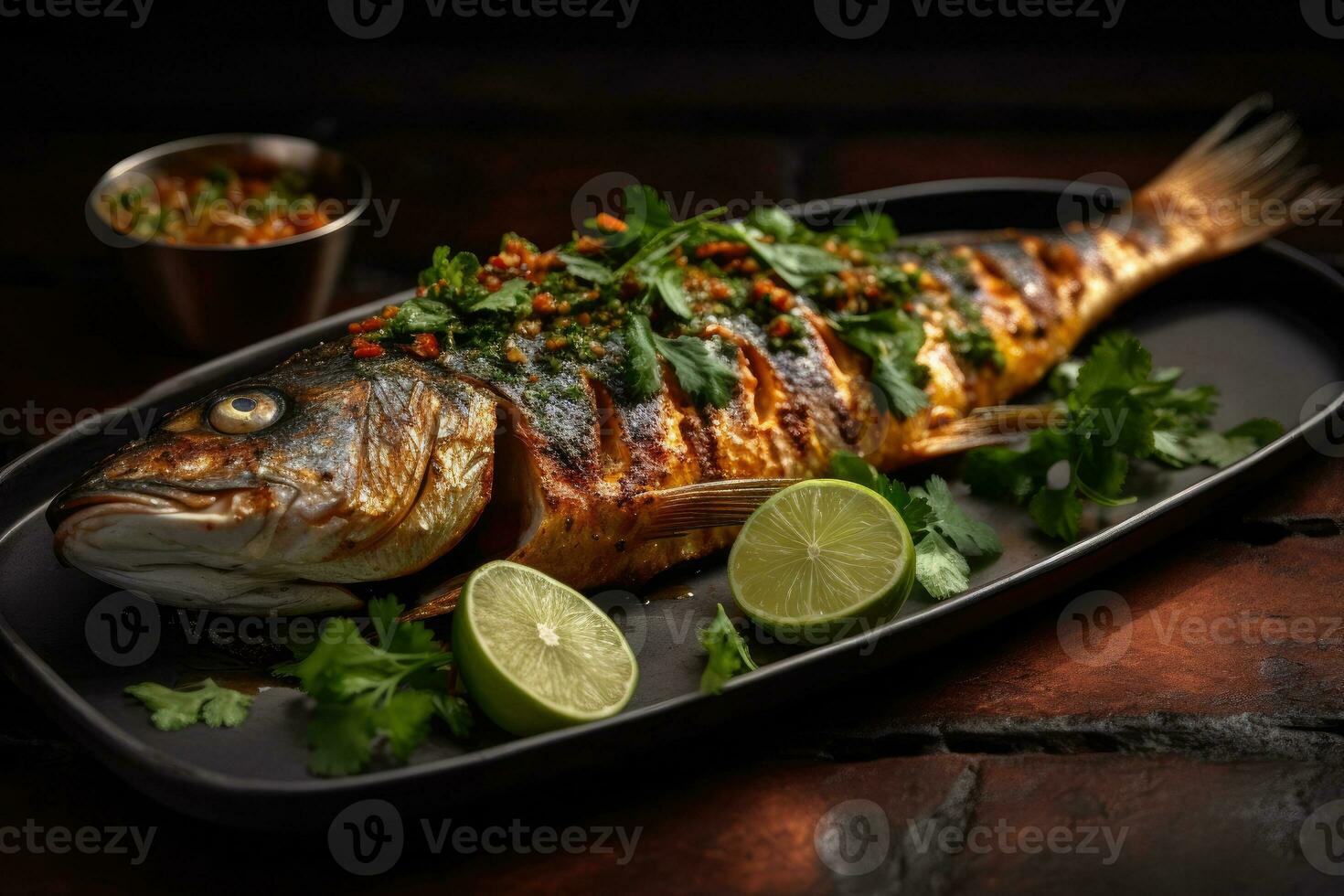 ganze Fisch mit ein gegrillt Haut arabisch Essen generativ ai foto