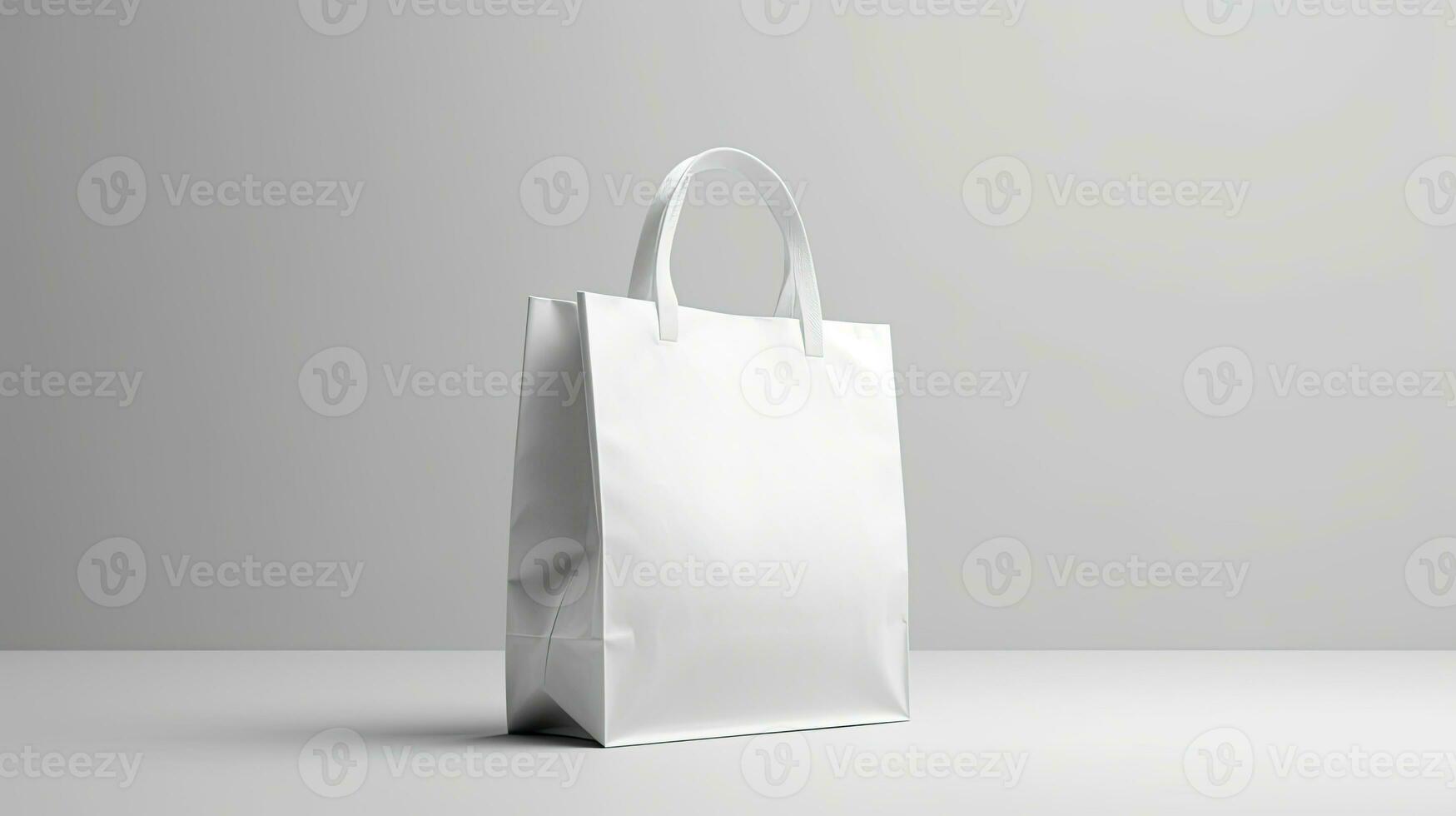 Verpackung Tasche Attrappe, Lehrmodell, Simulation Weiß mit Schatten auf Weiß bg, ai generiert foto