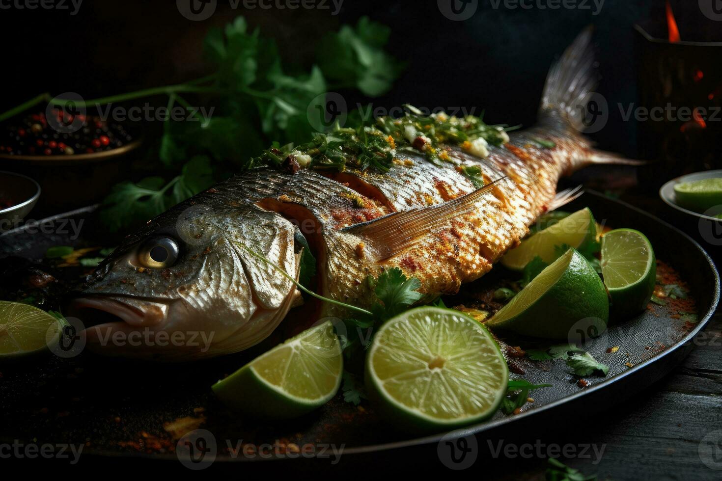 ganze Fisch mit ein gegrillt Haut arabisch Essen generativ ai foto