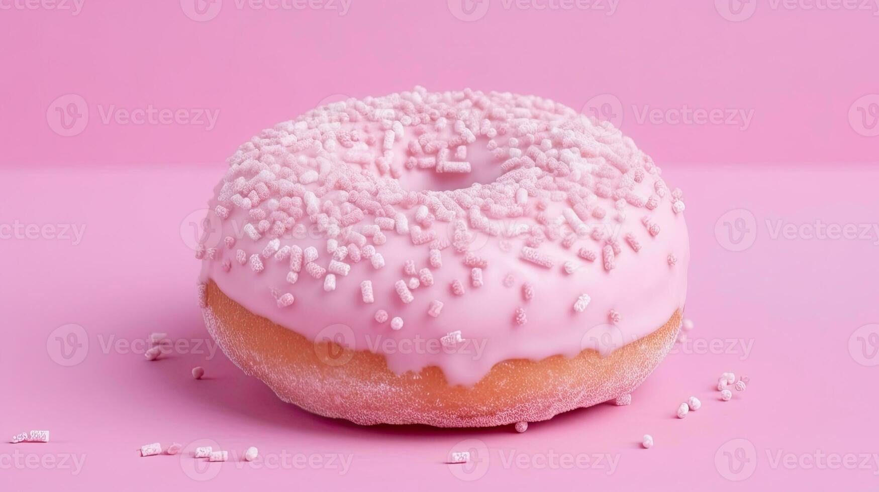 gebissen Rosa Glasur Krapfen mit Marshmallows auf Rosa Hintergrund, ai generiert foto