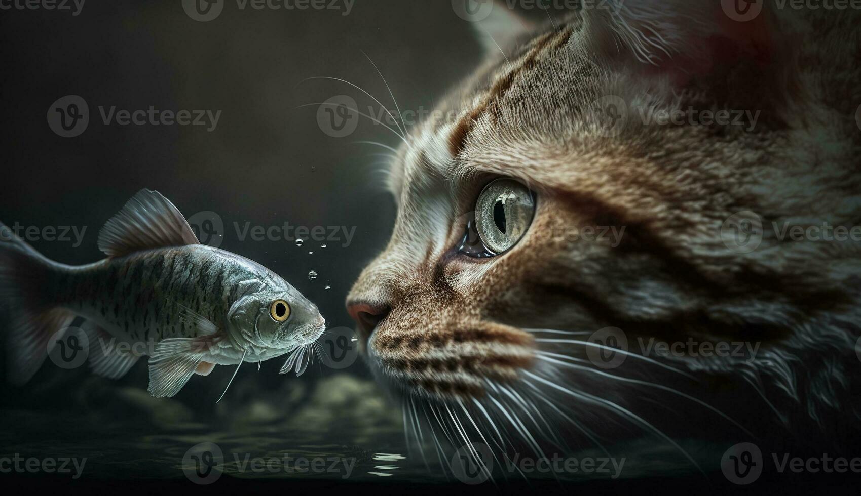 süß Katze Aufpassen das Fisch. komisch Kätzchen schnüffeln das Fisch. generiert ai. foto