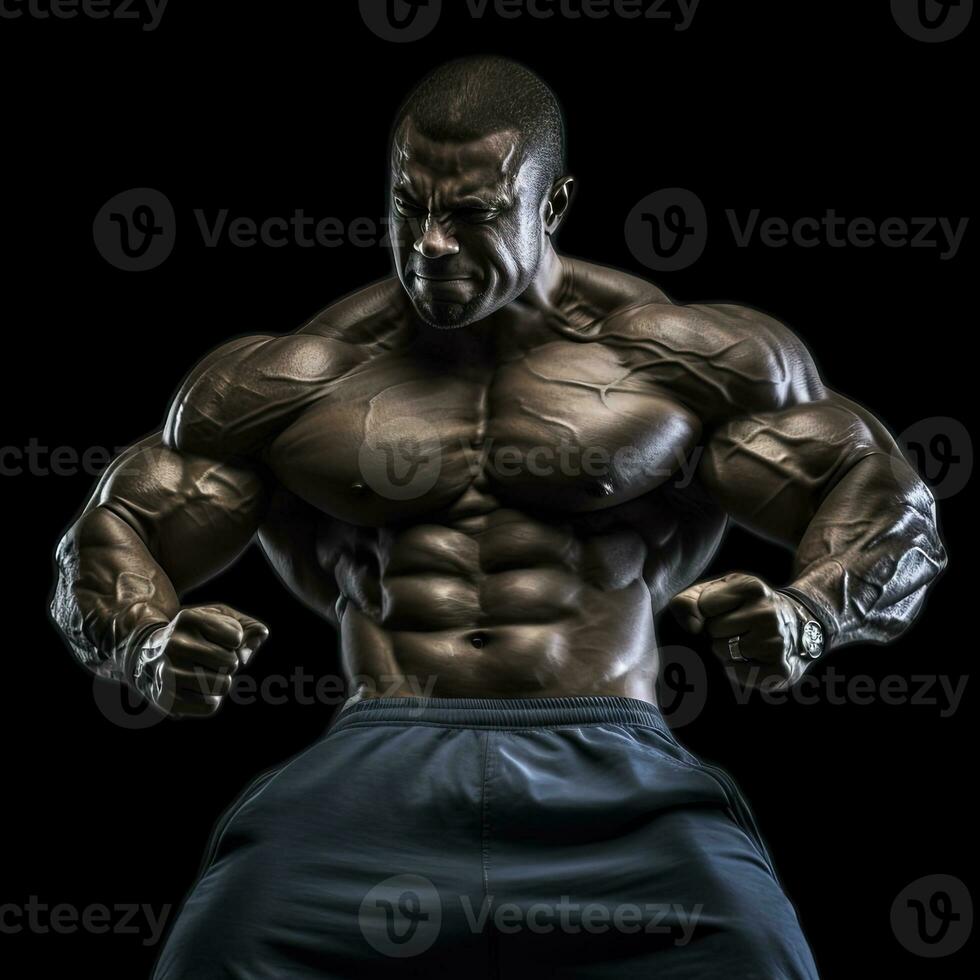 extrem Bodybuilder zeigen seine Muskeln. enorm Athlet demonstrieren Leistung. generiert ai. foto
