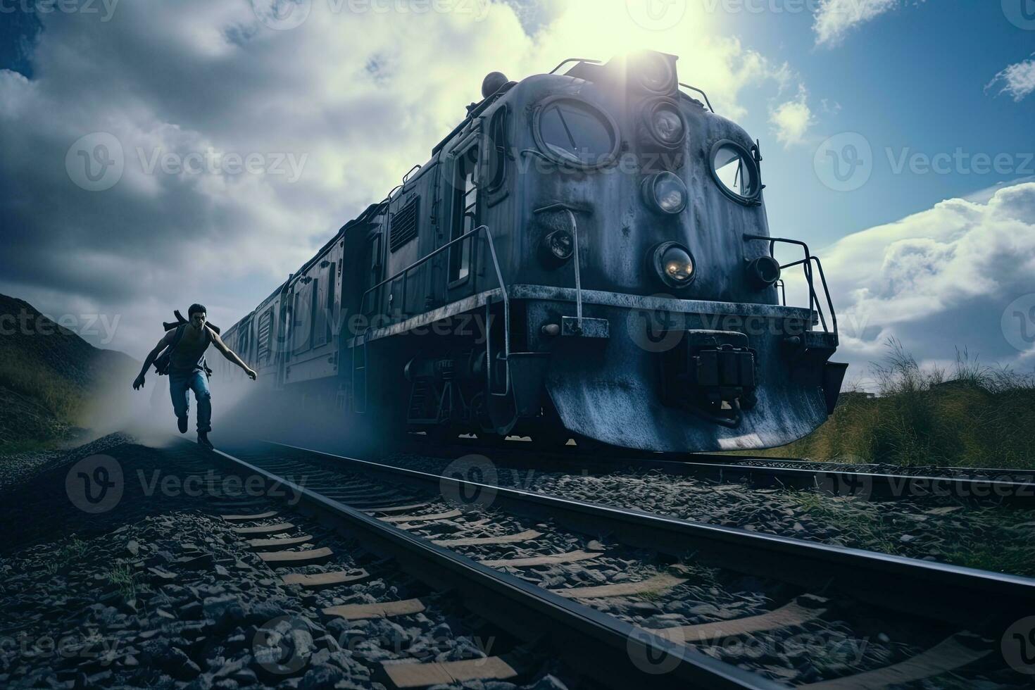 Aktion Schuss mit Mann Springen aus das Zug. dynamisch Szene mit Eisenbahn Wagen im Aktion Film Blockbuster Stil. generiert ai. foto