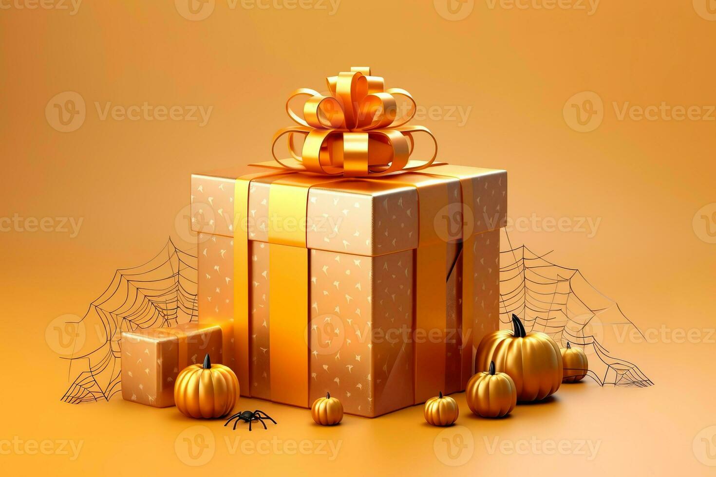 Halloween einer Geschenk Box mit Band und ein Bogen, auf Gelb Hintergrund mit Spinne Netz. wenig Geschenk, schwarz Spinne und Orange Kürbisse um. Urlaub Herbst Einkaufen Verkauf. ai generiert foto