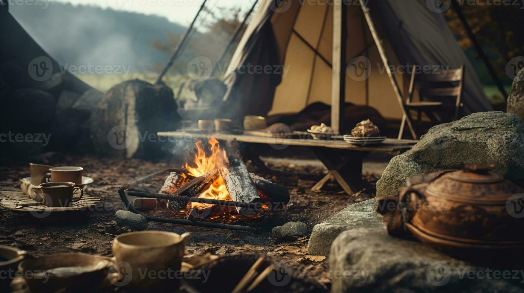 generativ ai, Verbrennung Lagerfeuer im das Abend, Camping draussen Konzept im neutral stumm geschaltet Farben, Tourist Lager foto