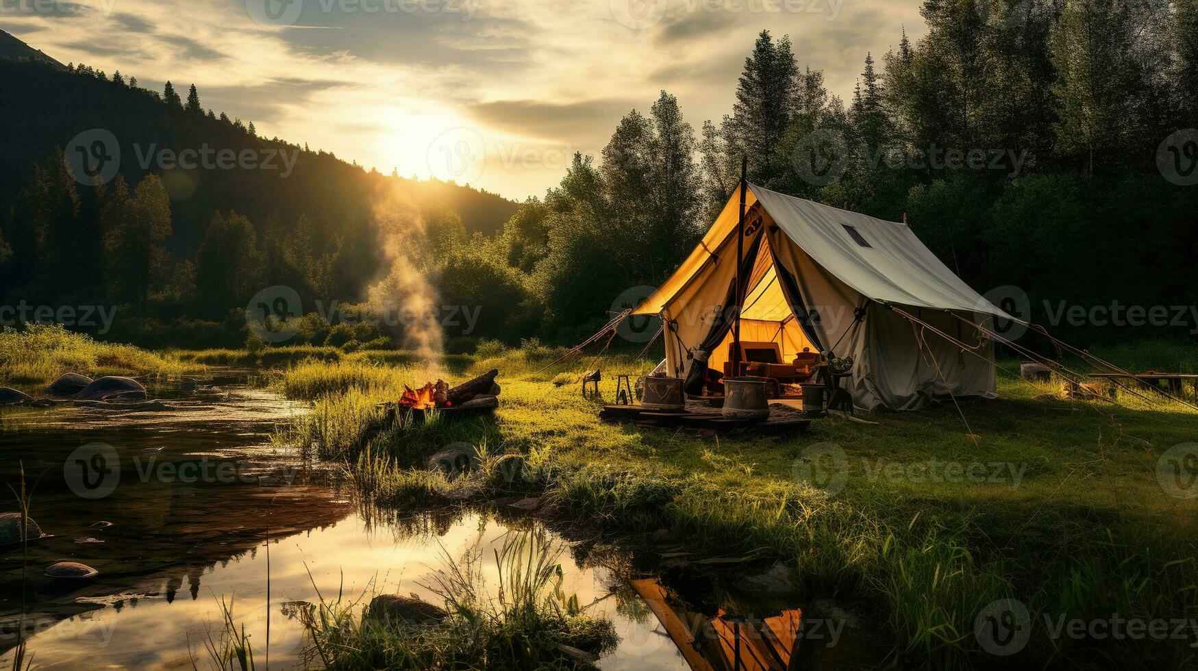 generativ ai, Camping draussen Konzept in der Nähe von das See oder Fluss, Tourist Lager auf das schön Grün Landschaft mit Berge foto