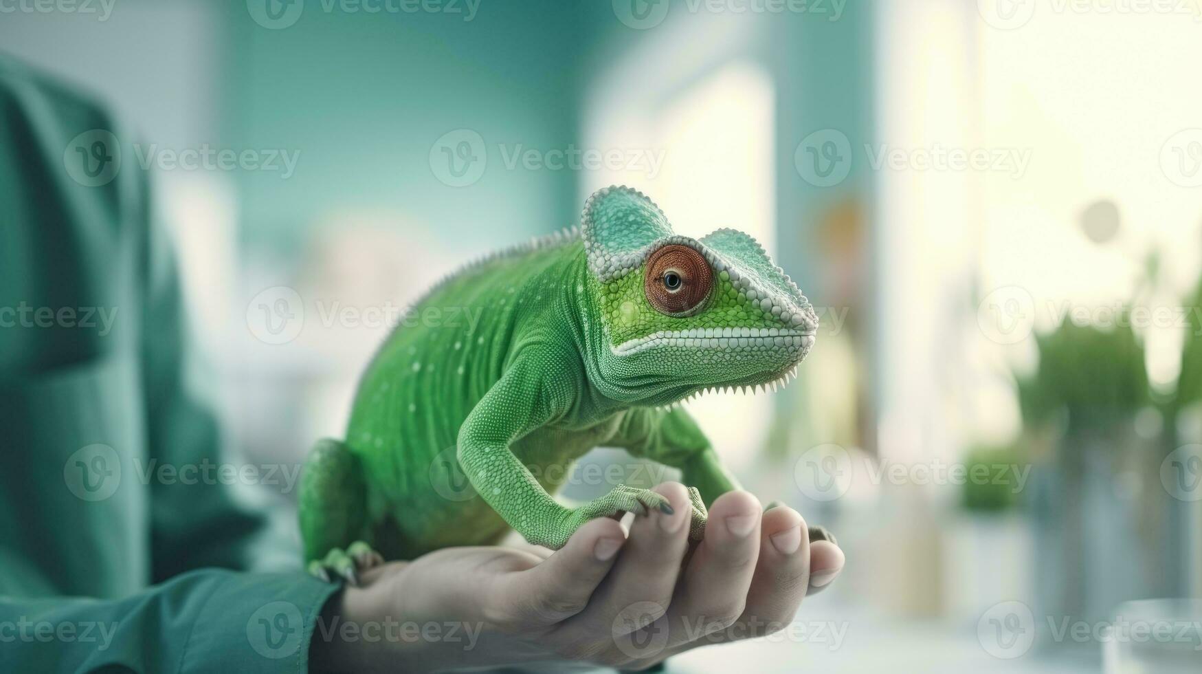 Veterinär Klinik zum exotisch Tiere. Chamäleon im das Hände von ein Tierarzt. foto