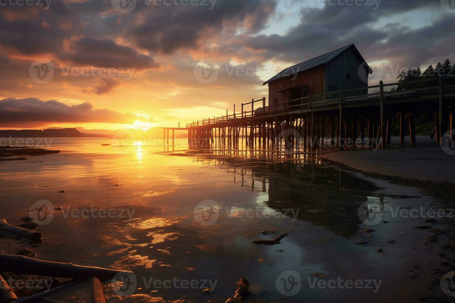 Konservenfabrik Strand Sonnenuntergang im Konservenfabrik Strand Washington ai generiert Bild foto