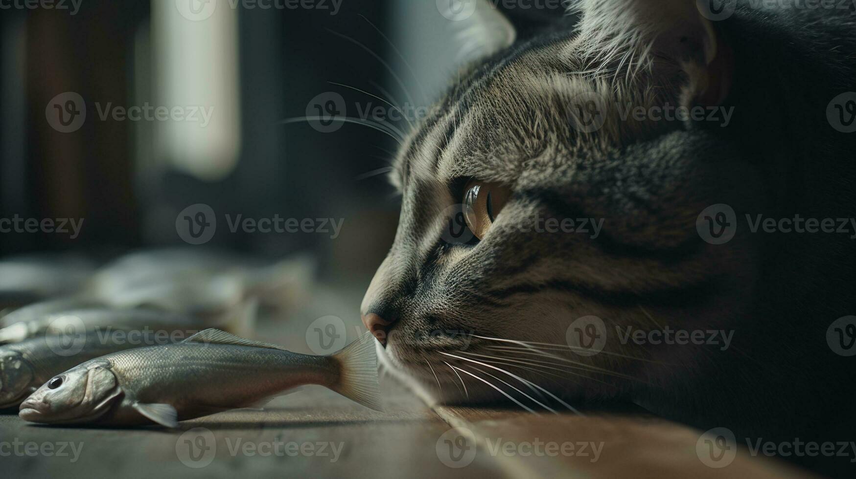 süß Katze Aufpassen das Fisch. komisch Kätzchen schnüffeln das Fisch. generiert ai. foto