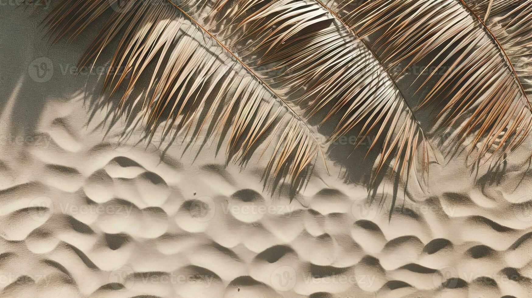 plam Blätter auf das tropisch Strand Sand Hintergrund. Ferien und Entspannung Konzept mit trocken Palme Blätter auf das heiß Sommer- Strand. generiert ai. foto