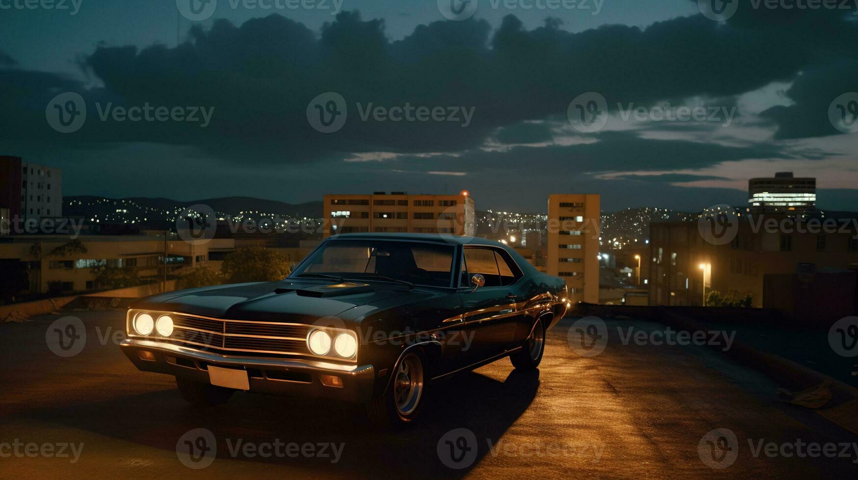 Jahrgang Muskel Auto geparkt auf das Straße beim Nacht. 80er Jahre gestylt Synthwave retro Szene mit mächtig Fahrt im Abend. generiert ai. foto