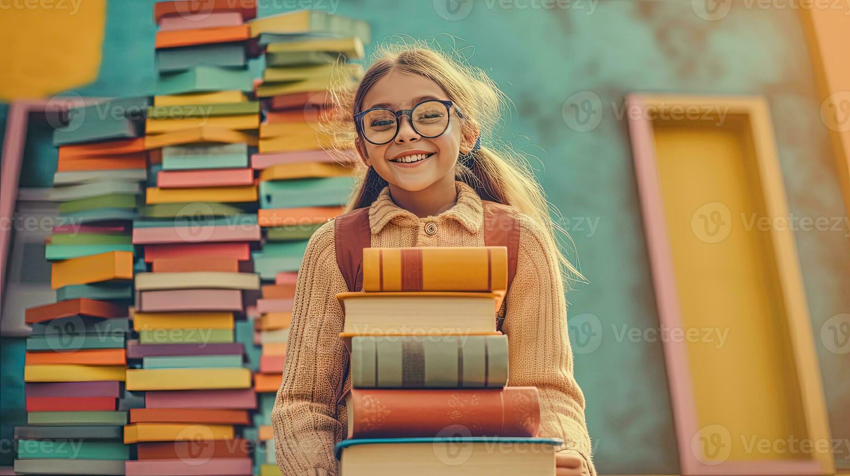 süß Mädchen mit Brille Sitzung umgeben durch das Bücher. Bücher um das Schülerin im bunt Szene. generiert ai. foto