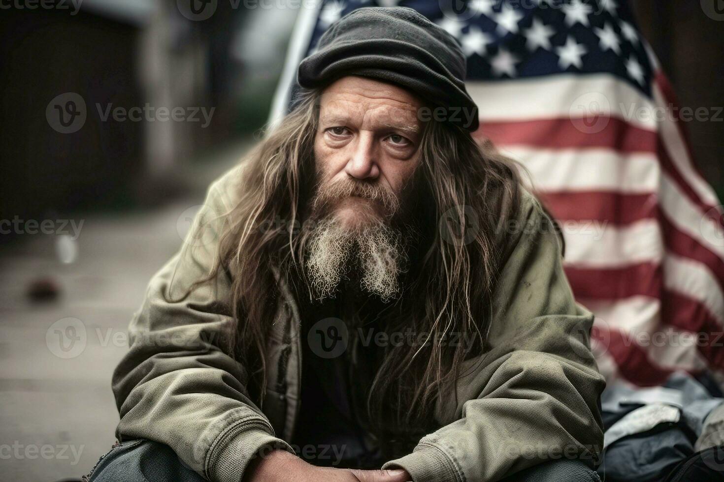 obdachlos Bart Mann amerikanisch Flagge. generieren ai foto