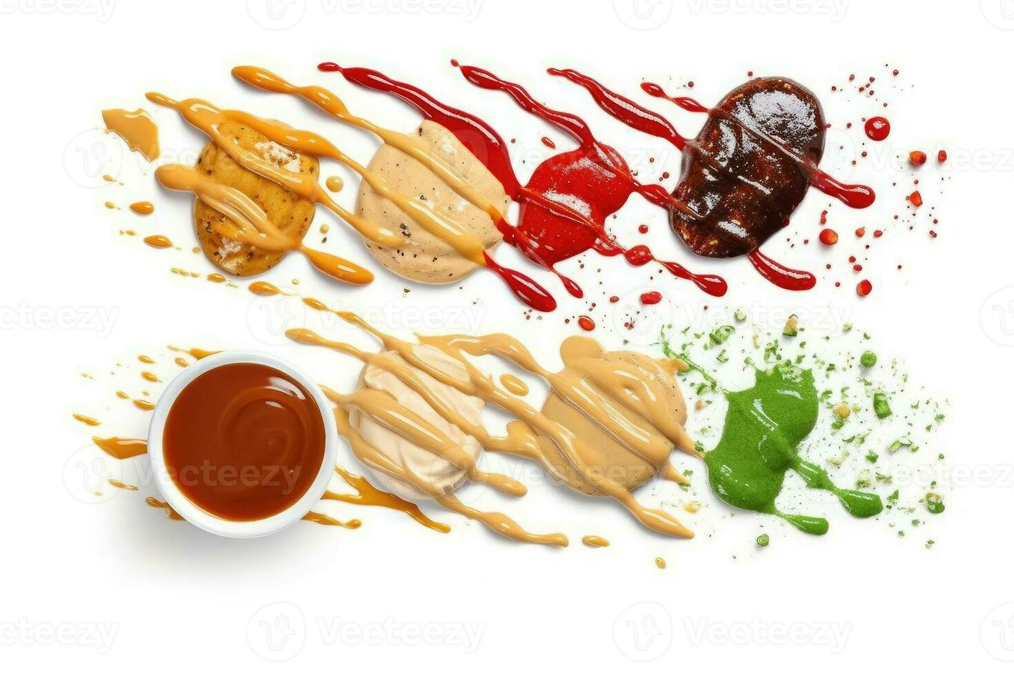 Auswahl von Saucen mit anders Farben auf ein Weiss, generativ ai foto