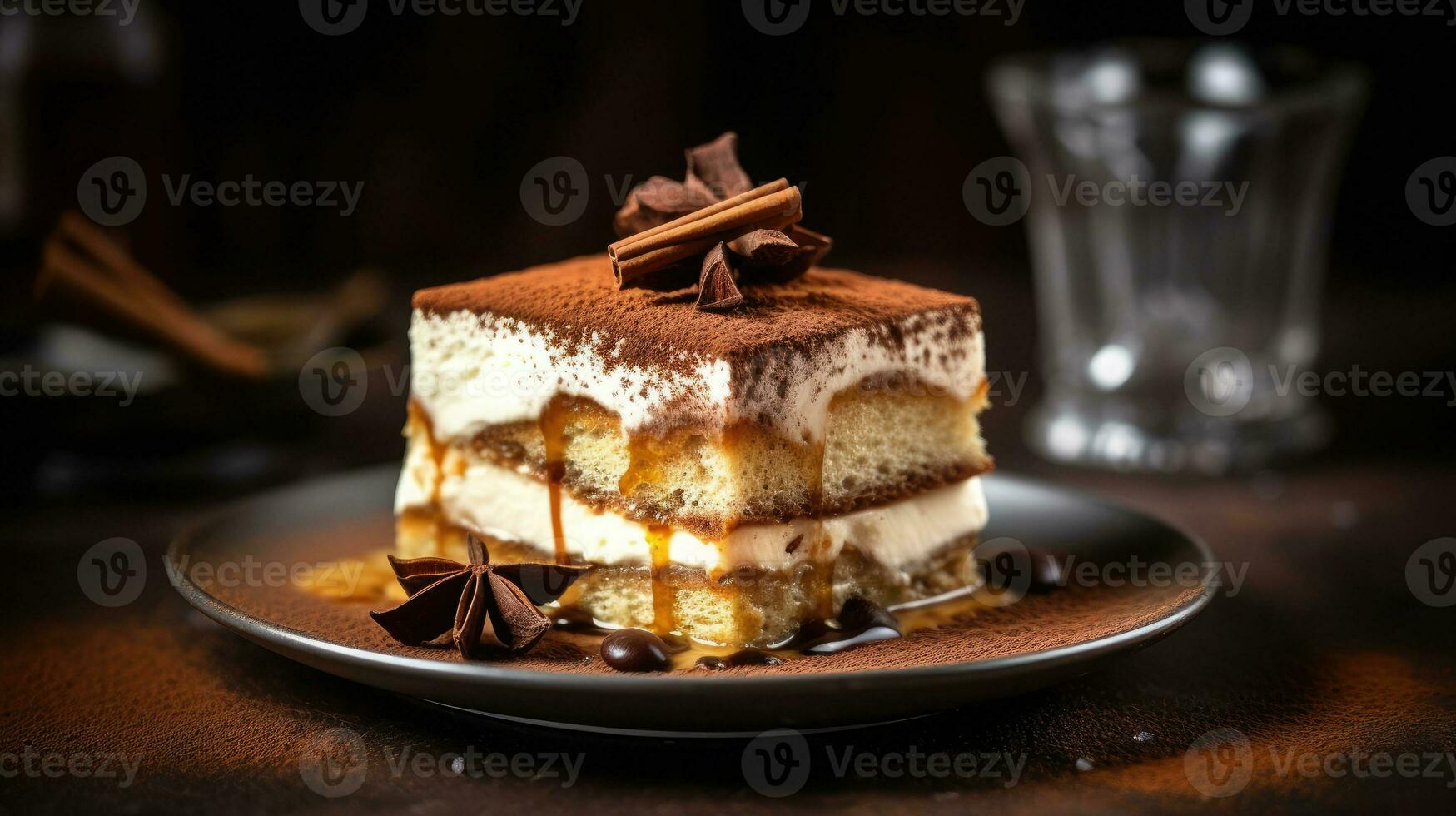 ein Nahansicht Zeitschrift Qualität Schuss von ein schön geschichtet Tiramisu mit cremig Mascarpone und abgestaubt Kakao ai generiert foto