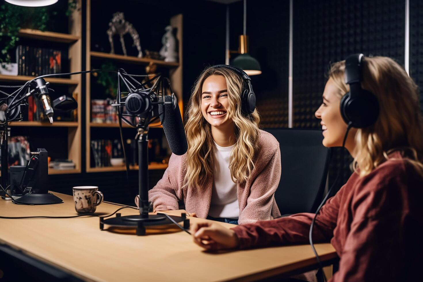 weiblich Podcaster im Aufzeichnung Studio ai generiert foto