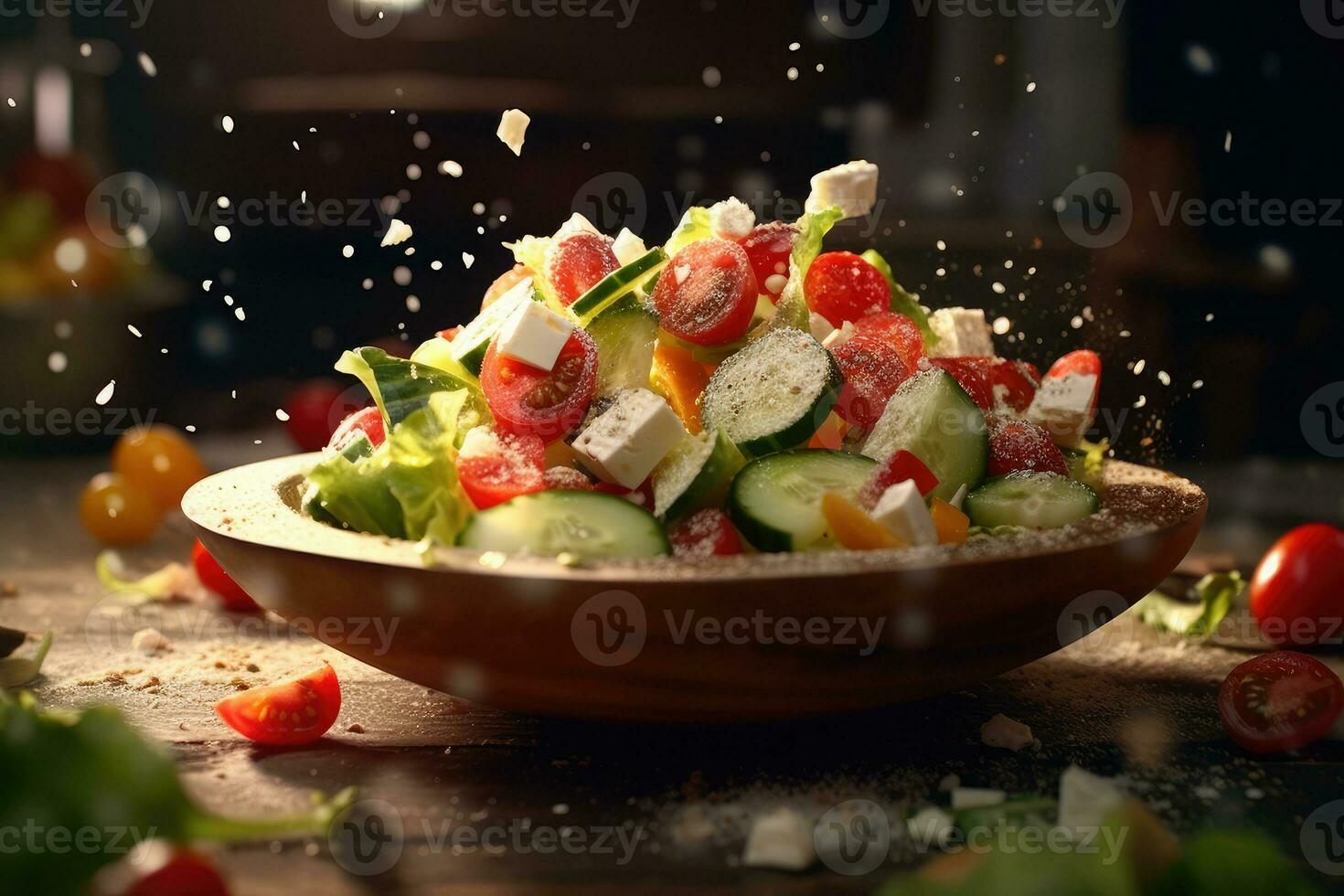 griechisch Salat fliegend Zutaten kreativ dramatisch Licht generativ ai foto